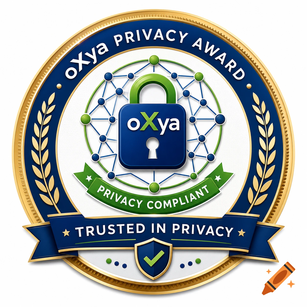Blue and gold circular medal with a central blue padlock and green network, inscribed with 'oXya PRIVACY AWARD', 'PRIVACY COMPLIANT', and 'TRUSTED IN PRIVACY'.