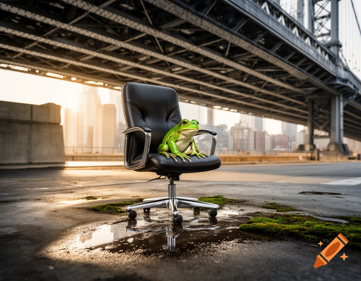 A photorealistic green frog sits on a black office chair under a large metal bridge, with a distant cityscape and sunrise, on a wet, mossy ground.