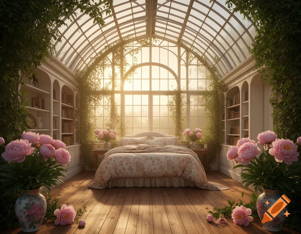 A sunlit conservatory bedroom with a large bed, bookshelves, and many pink peonies.