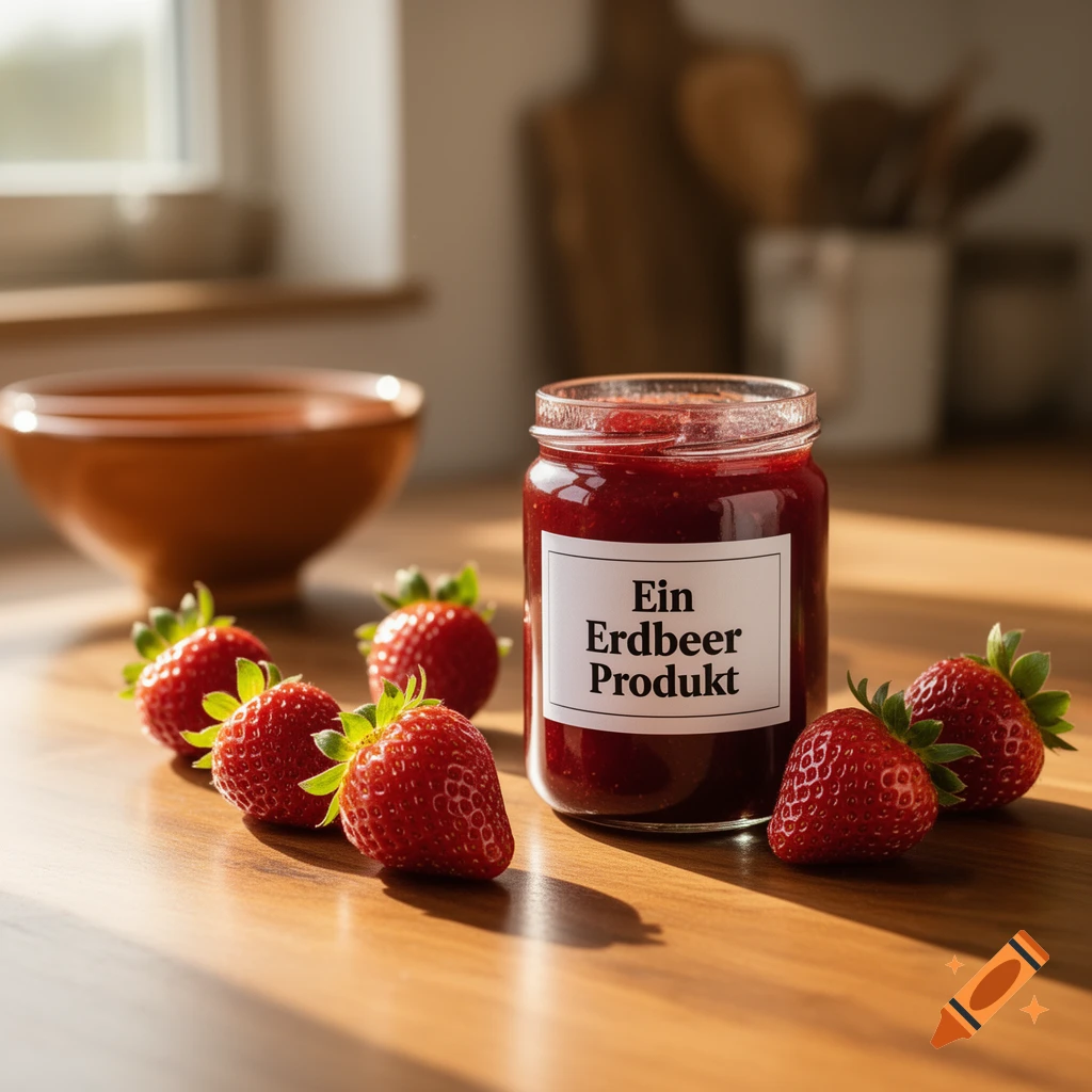 Photorealistic close-up of a jar of strawberry jam labeled "Ein Erdbeer Produkt" with fresh strawberries on a wooden kitchen counter.