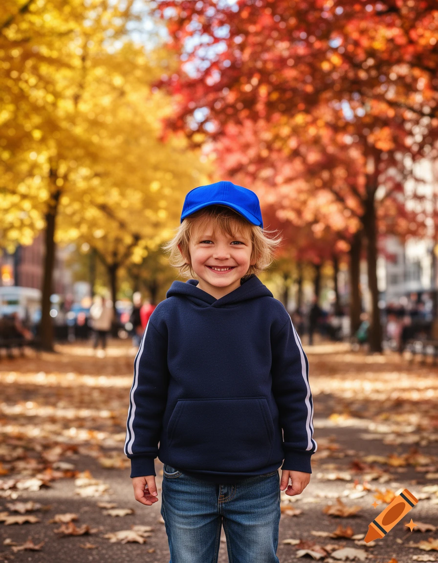 A smiling child with blonde hair wearing a blue cap and navy hoodie stands on a path covered with autumn leaves, with vibrant fall trees in the background.