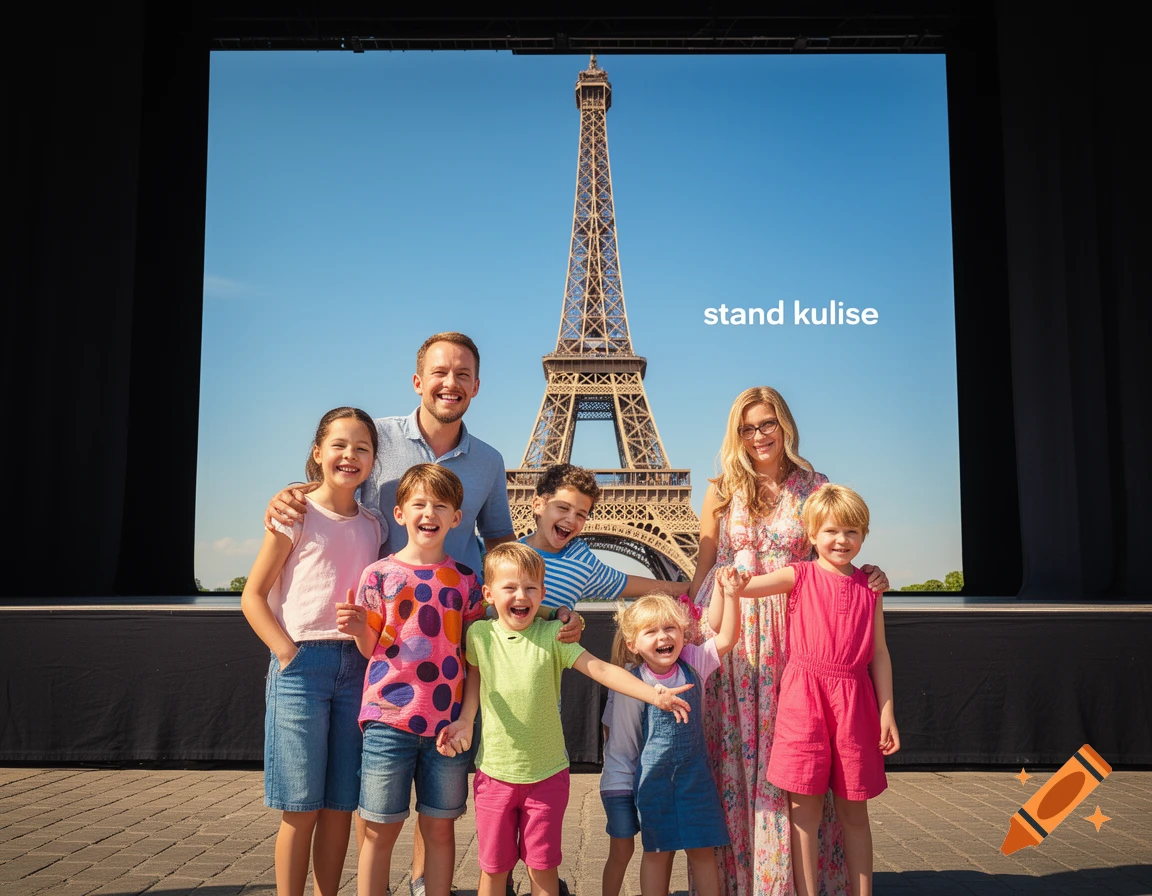 A smiling family of seven, including two adults and five children, poses in front of a backdrop featuring the Eiffel Tower under a clear blue sky. The backdrop has the text "stand kulise" written on it.