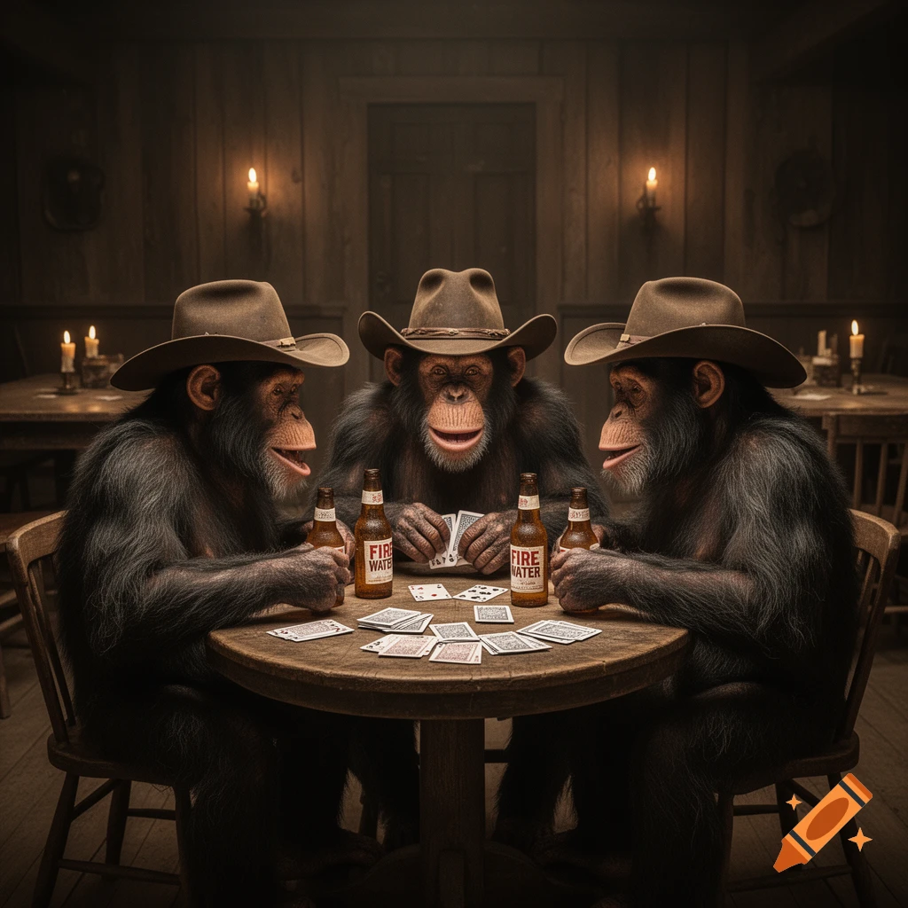 Three photorealistic chimpanzees wearing cowboy hats play cards at a wooden table in an old Western saloon, with bottles of 'Fire Water'.