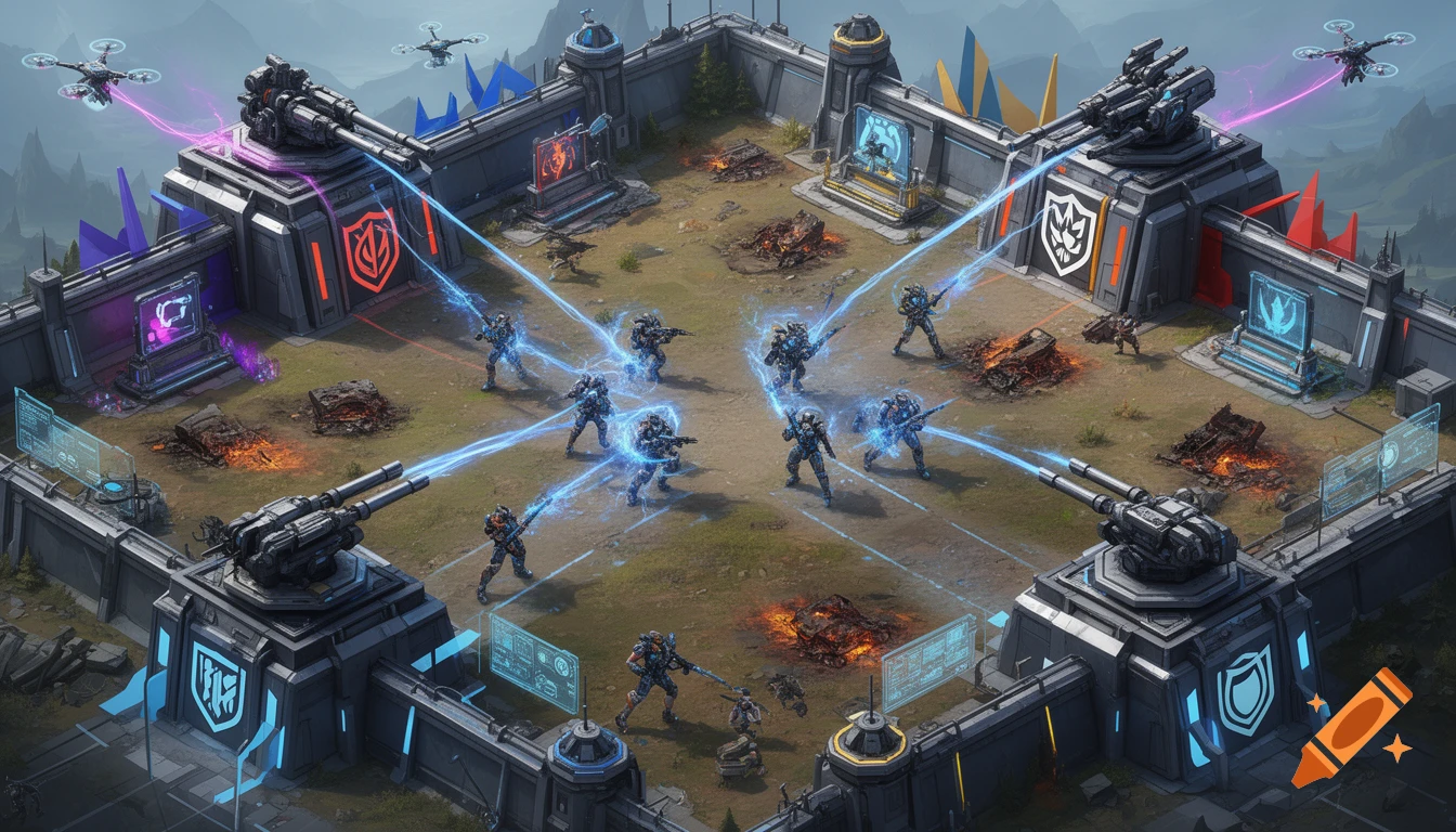 Isometric view of a stylized futuristic battlefield with soldiers fighting, laser beams, turrets, and drones around strongholds.