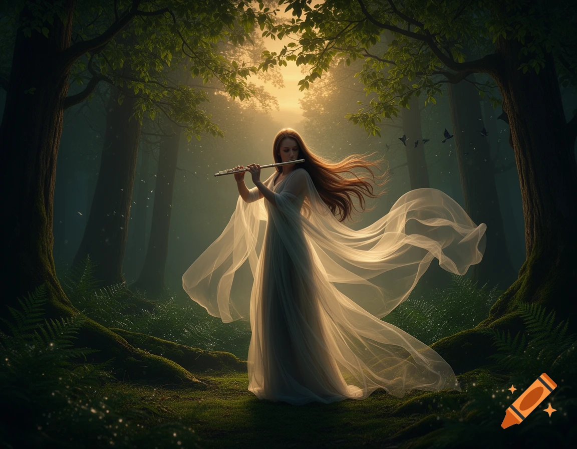 A red-haired woman in a flowing white gown plays a flute in an enchanted forest, bathed in golden sunlight.