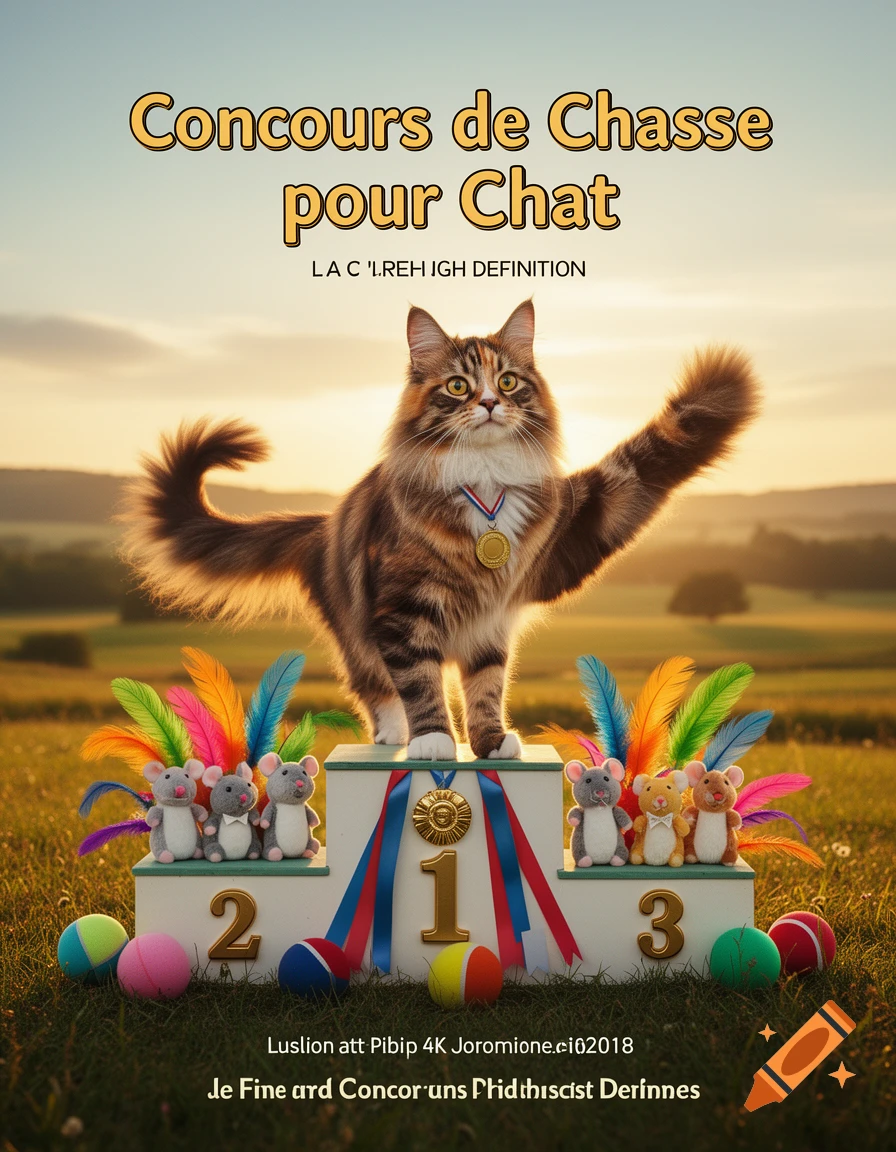 A proud Maine Coon cat with a medal on a podium, raising a paw like a winner. It's surrounded by colorful toy mice, feathers, and balls, set against a golden sunset in a field. Text for a cat hunting competition is at the top.