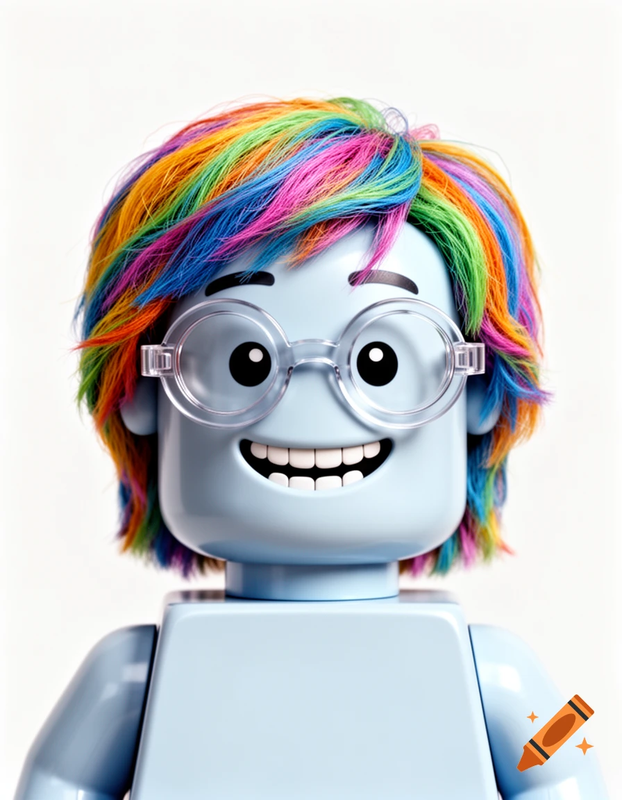 Close-up portrait of a light blue Lego-style character with rainbow hair, clear glasses, and a wide smile.