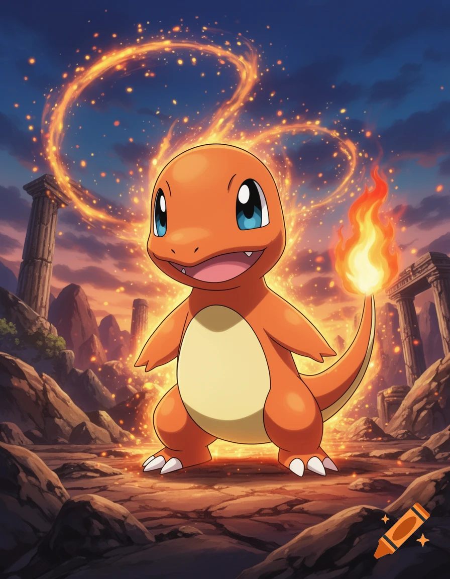 A vibrant, anime-style Charmander stands on rocky ground with ancient ruins and a dramatic sky, surrounded by swirling fire and embers.