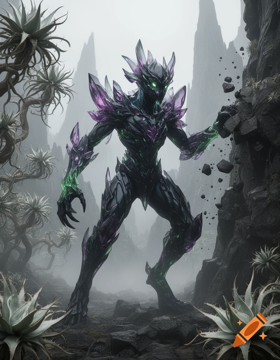 Dark, crystalline monster with glowing green eyes and purple accents, standing in a misty, rocky landscape with spiky plants.