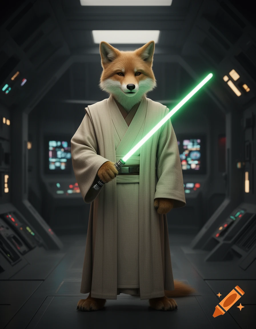 A photorealistic anthropomorphic fox dressed as Obi-Wan Kenobi, holding a green lightsaber in a sci-fi spaceship interior.