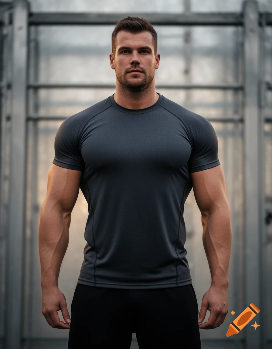 Photorealistic portrait of a muscular man in a dark gray athletic shirt, standing outdoors with a gym structure in the background.