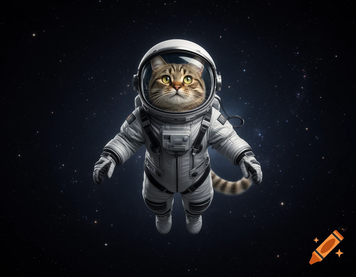 A photorealistic cat in a white astronaut suit floats in the vastness of dark space filled with twinkling stars.