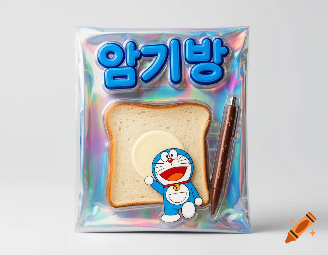 Doraemon-themed plastic packaging featuring blue 3D Korean text '암기빵', a slice of bread with a white disc, and a brown pen.