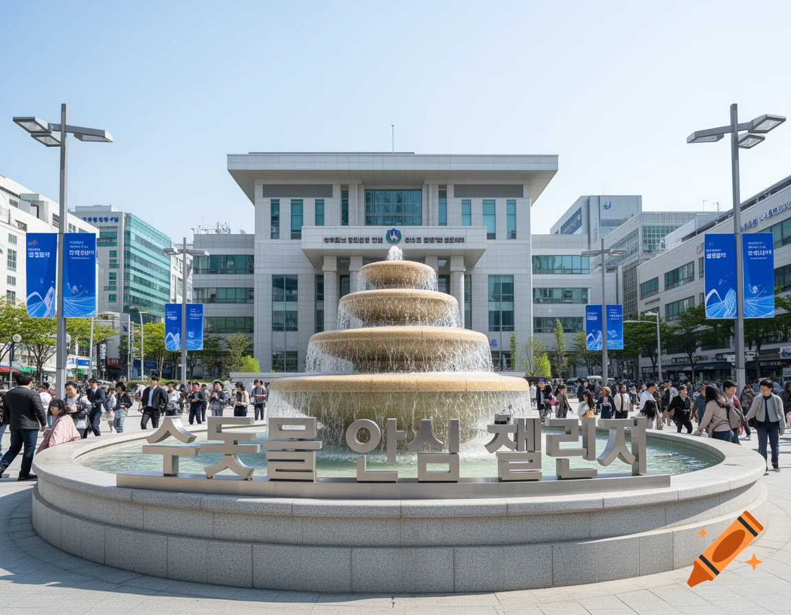 A large tiered fountain with 'Tap Water Safety Challenge' text in a sunny city square, surrounded by modern buildings and pedestrians.