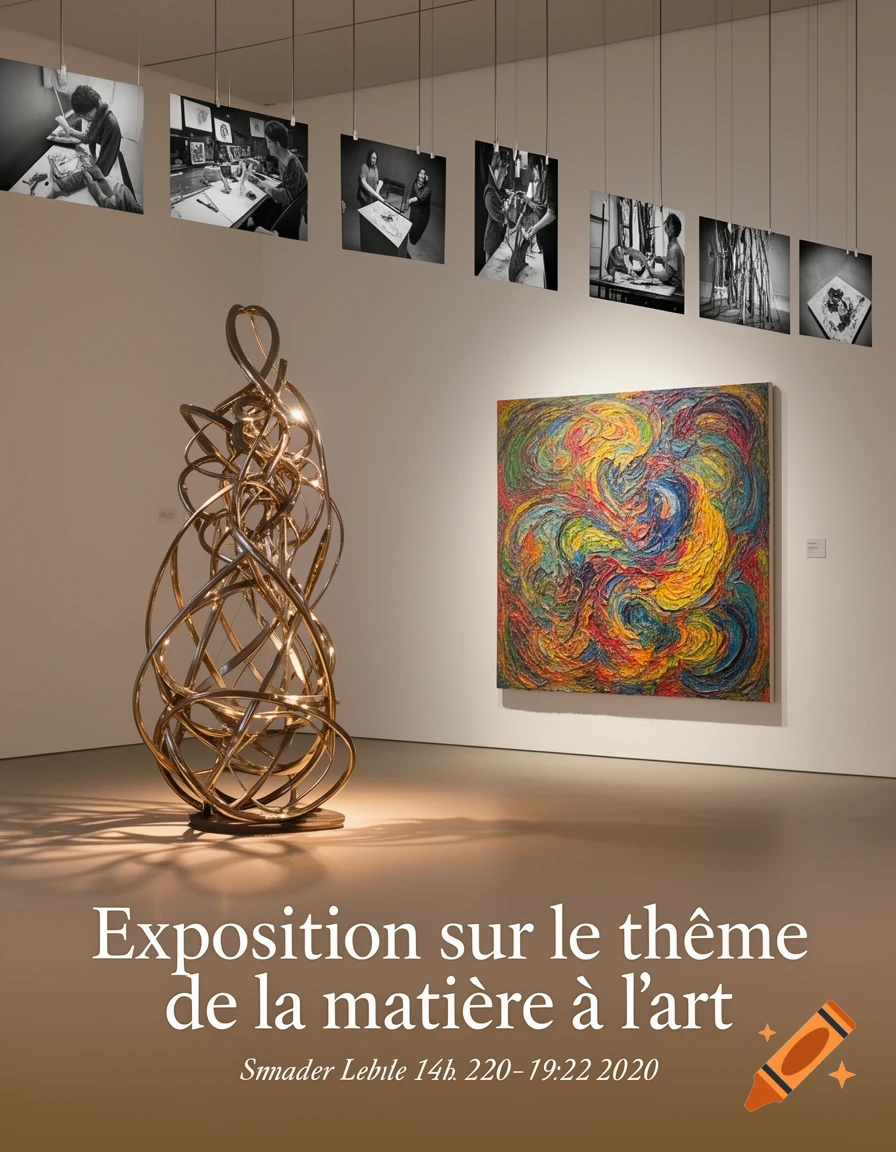 A modern art gallery features a bronze abstract sculpture, a vibrant abstract painting, and several hanging black-and-white photographs, with exhibition text at the bottom.