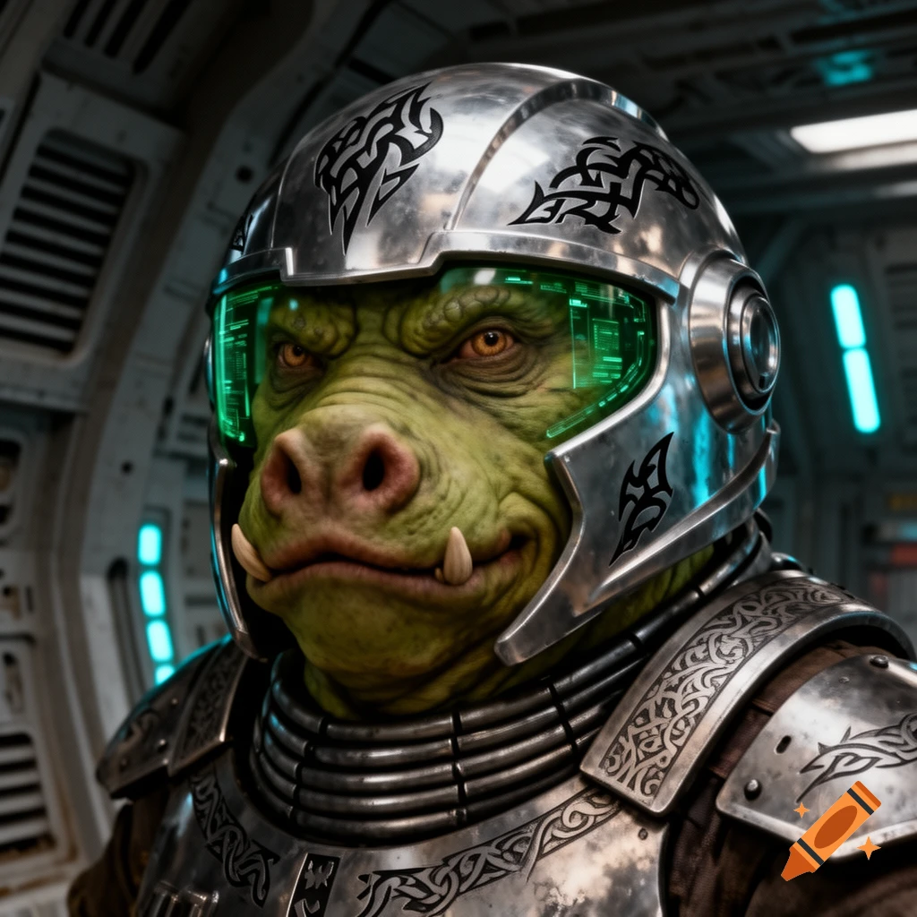 Close-up of a green, pig-like alien in a metallic space helmet with tribal markings and futuristic armor, in a spaceship interior.