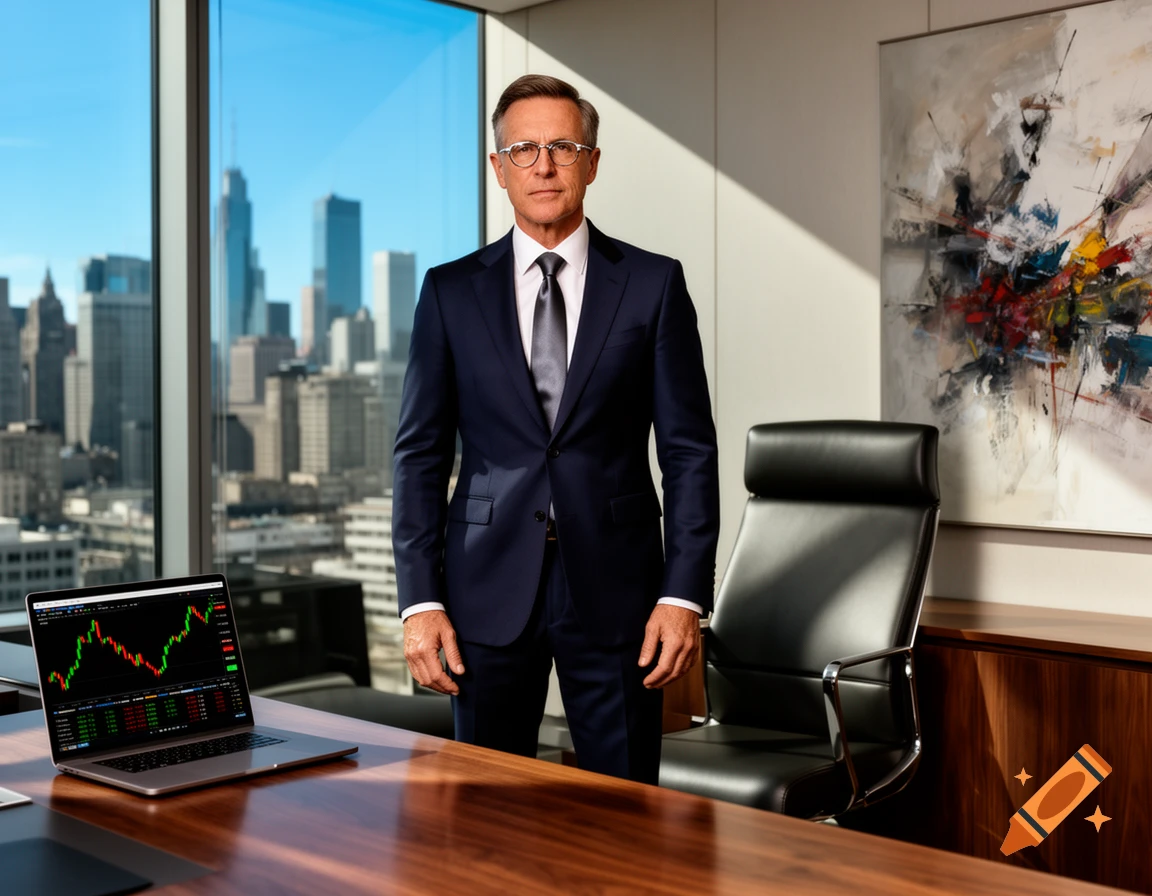 A serious businessman in a dark suit stands in a modern office with a city skyline visible through a large window. A laptop with a stock chart is on the desk.