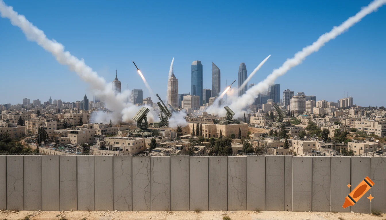 Photorealistic image of multiple missile launchers firing missiles with smoke trails over a modern city skyline, separated by a concrete wall.