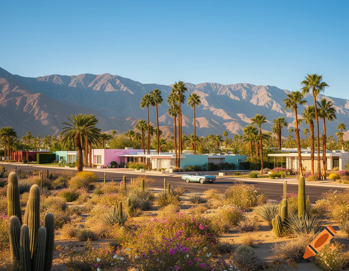 A desert landscape with colorful mid-century modern houses, palm trees, a classic car, and mountains under a clear blue sky.