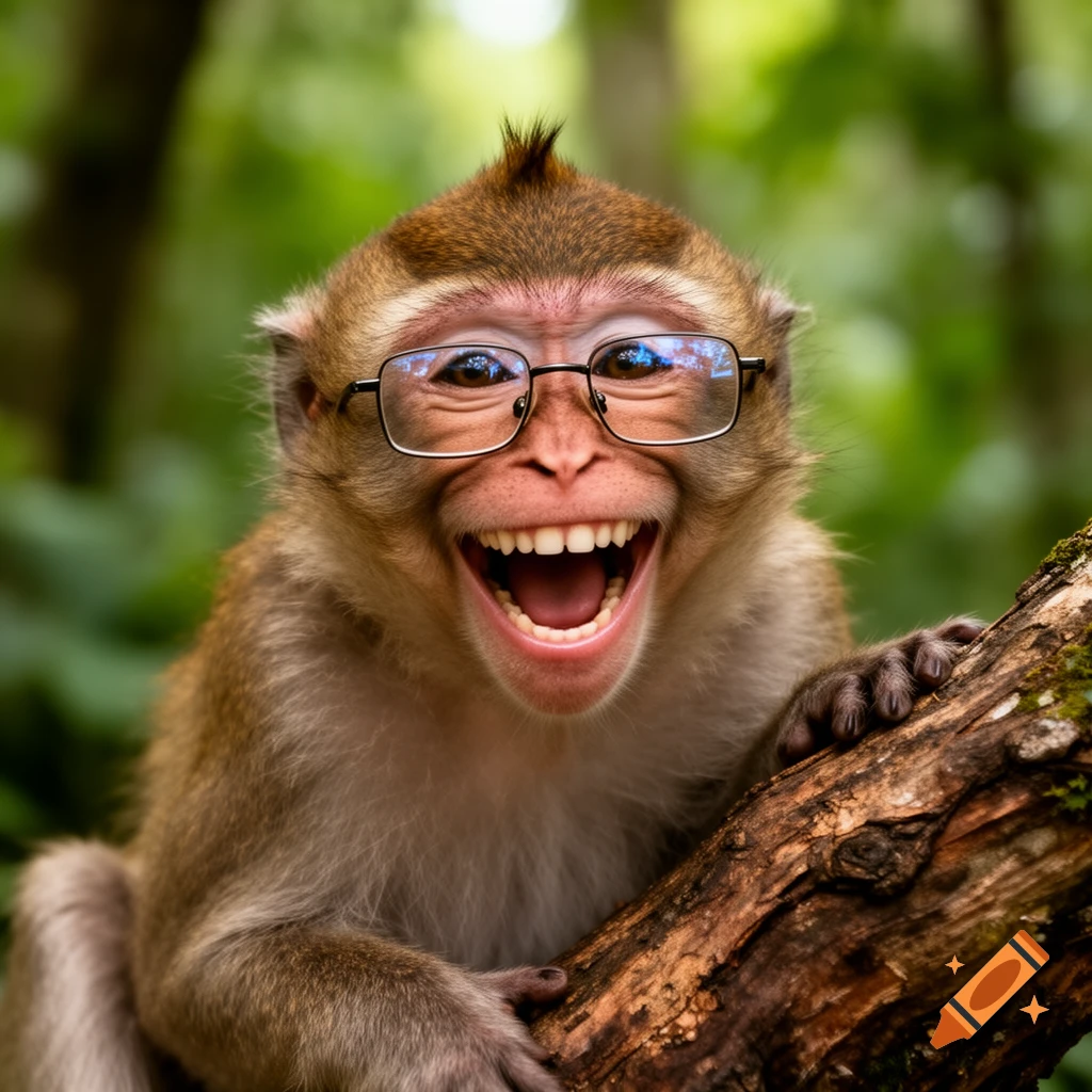 A close-up of a laughing monkey wearing small rectangular glasses, sitting on a tree branch in a lush forest.