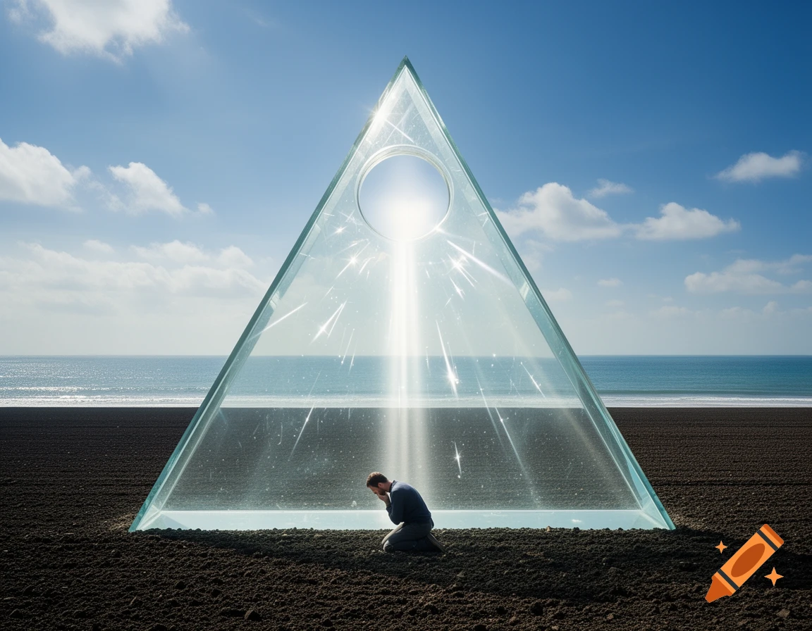 A man kneels inside a huge luminous glass triangle on dark earth, with an ocean and blue sky in the background.