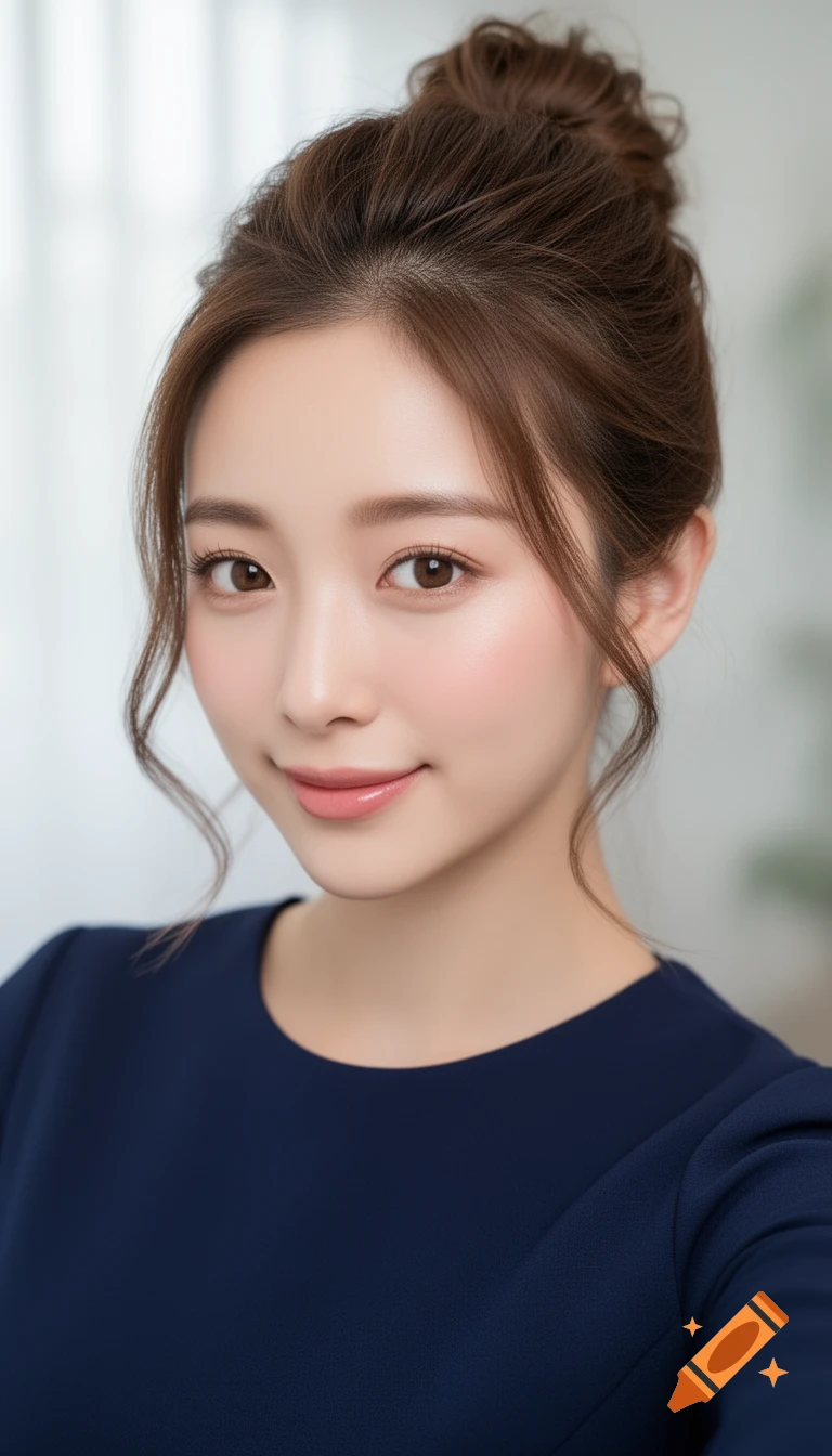 A close-up photorealistic portrait of a young Japanese woman with her brown hair in a bun and face-framing pieces, wearing a navy blue top, looking at the viewer with a slight smile.