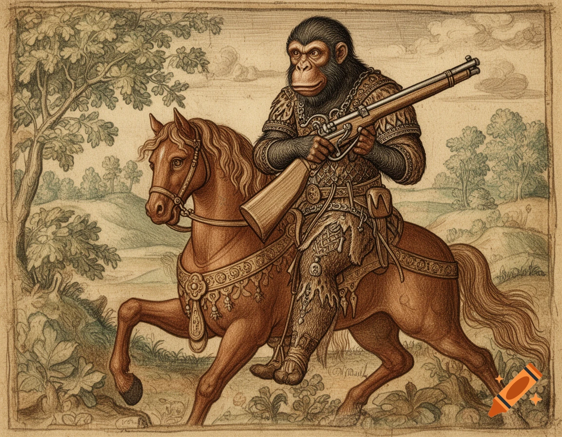An ape-man wearing ornate medieval-style armor rides a brown horse, holding an arquebus, depicted in a medieval manuscript art style.