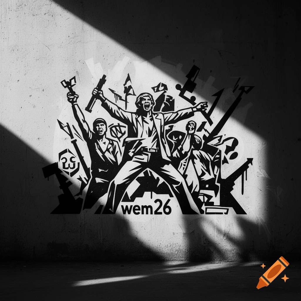 Black and white stencil graffiti depicting people protesting with raised tools on a concrete wall, with text "wem26".