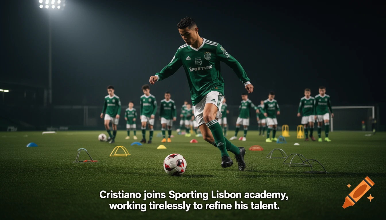 A young Cristiano Ronaldo dribbles a soccer ball on a floodlit field with other youth players during training, photorealistic.