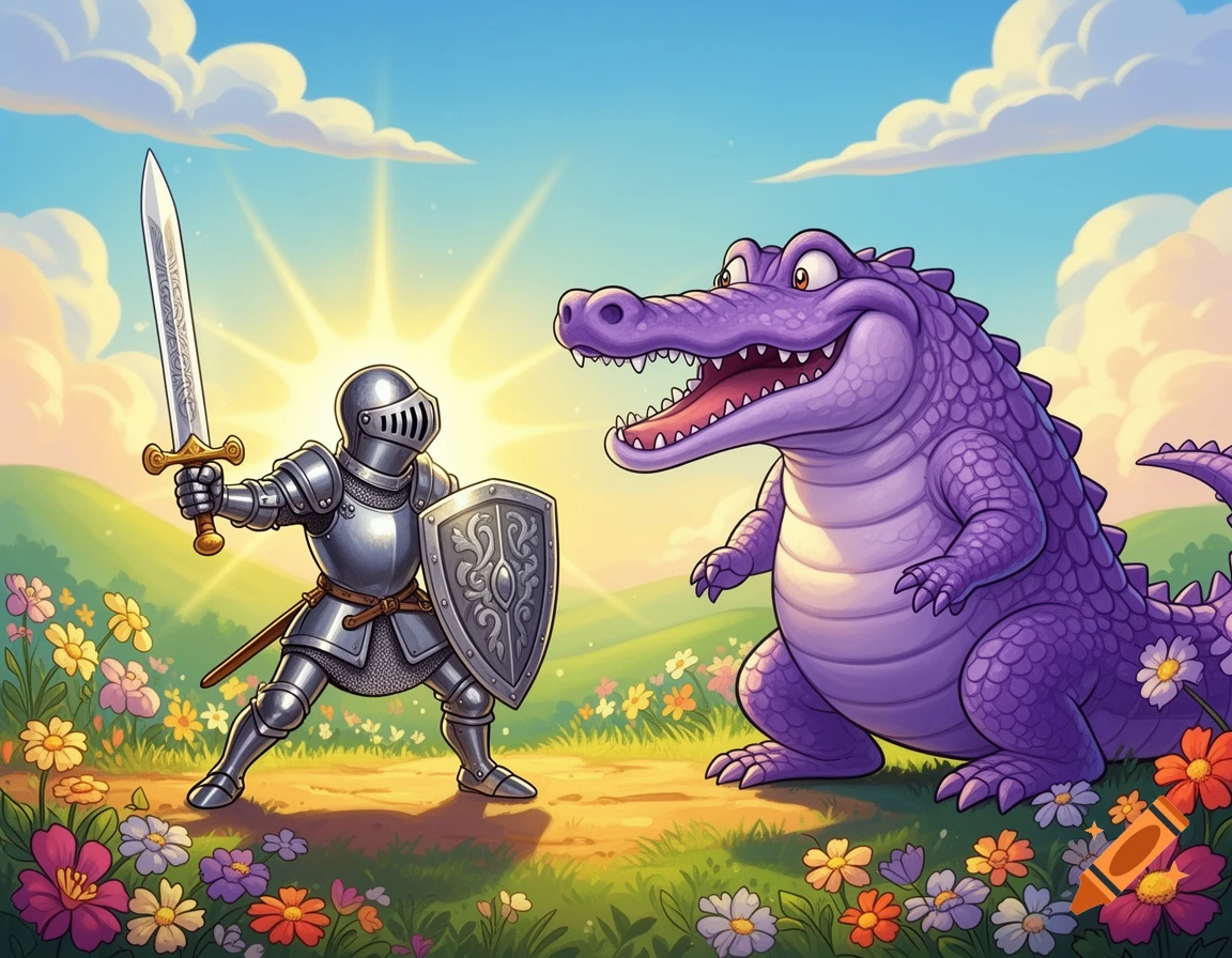 A cartoon knight in shining armor with a sword and shield faces a cheerful giant purple crocodile in a vibrant, flowery fantasy landscape.