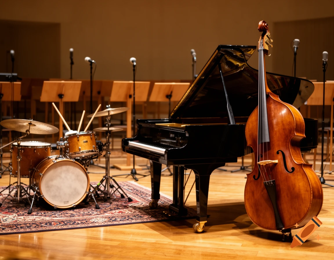 A drum kit, grand piano, and upright bass arranged on a stage with music stands and microphones in the background.