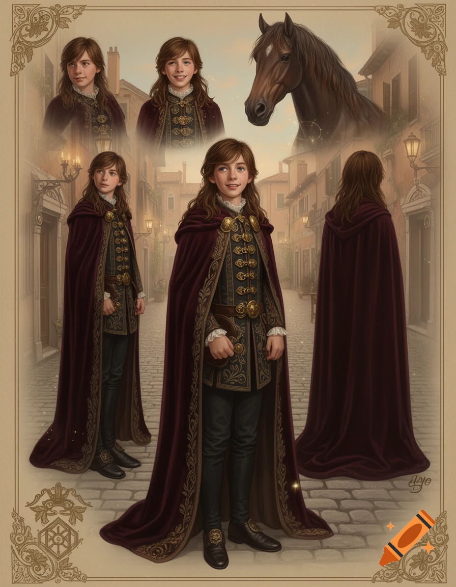 Digital painting character sheet of a young boy with long brown hair, wearing a detailed maroon and gold fantasy outfit, against an old-world street background with a horse.