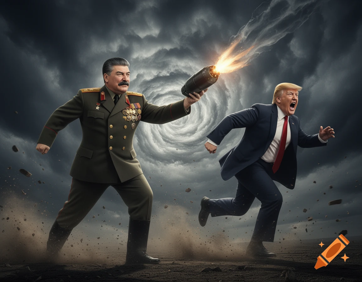 Joseph Stalin in military uniform throws a fiery missile at a screaming Donald Trump, who runs across a dusty, stormy landscape.