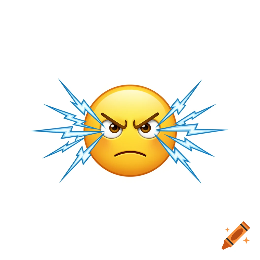 An angry yellow emoji face with furrowed brows and lightning bolts shooting from its eyes, on a white background.