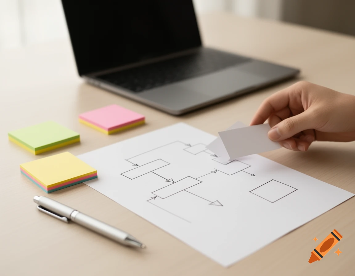 A hand holds white cards over a hand-drawn process diagram on a desk with sticky notes, a pen, and a blurred laptop.