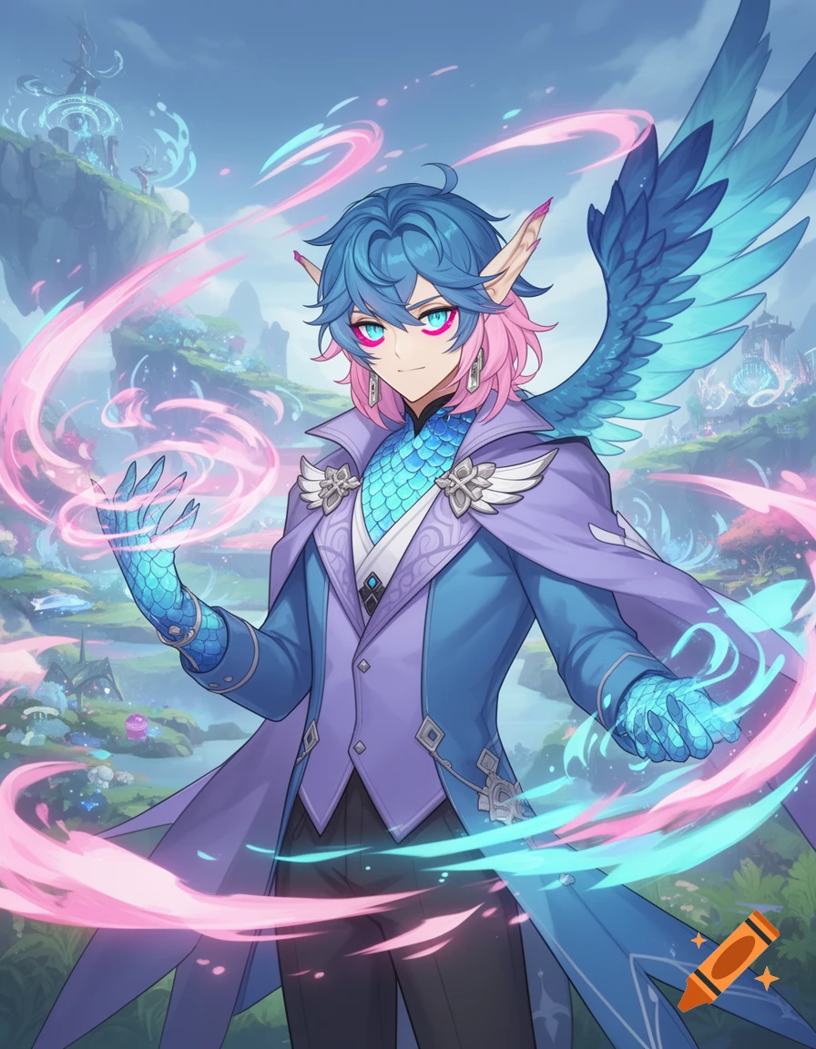 Male character with blue and pink hair, fae ears, iridescent dragon scales and wings, channeling pink and cyan magic in a fantasy landscape, Genshin Impact anime style.