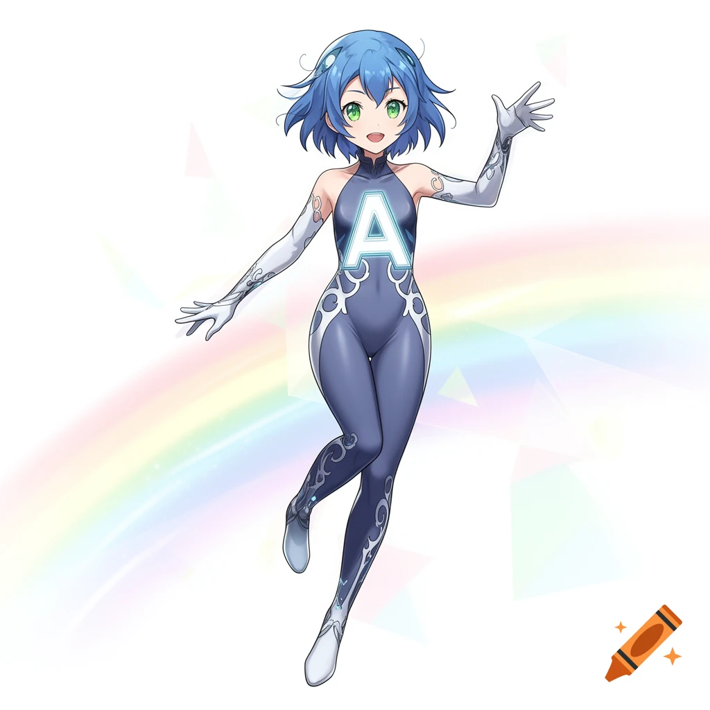 An anime girl with blue hair and green eyes, wearing a gray and white full-body suit with a glowing 'A' on her chest, waving.