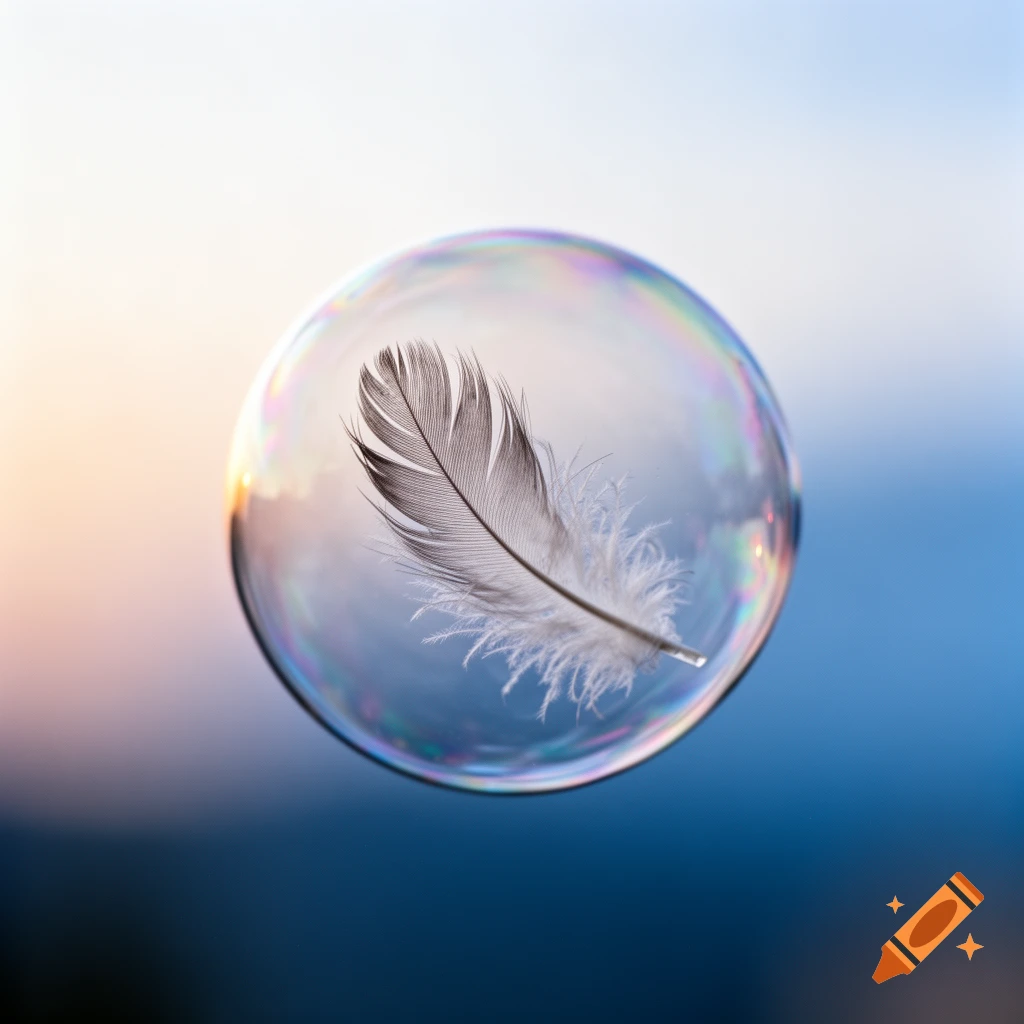 A single white and grey feather floating perfectly inside an iridescent bubble against a soft, blurred blue and orange background, photorealistic.
