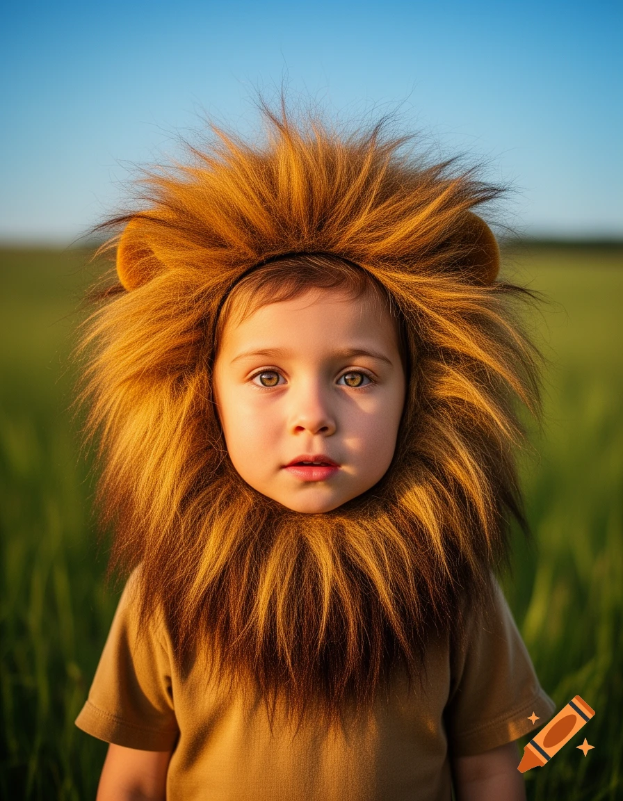 Close-up photorealistic portrait of a young child wearing a lion's mane costume in a green field under a blue sky.
