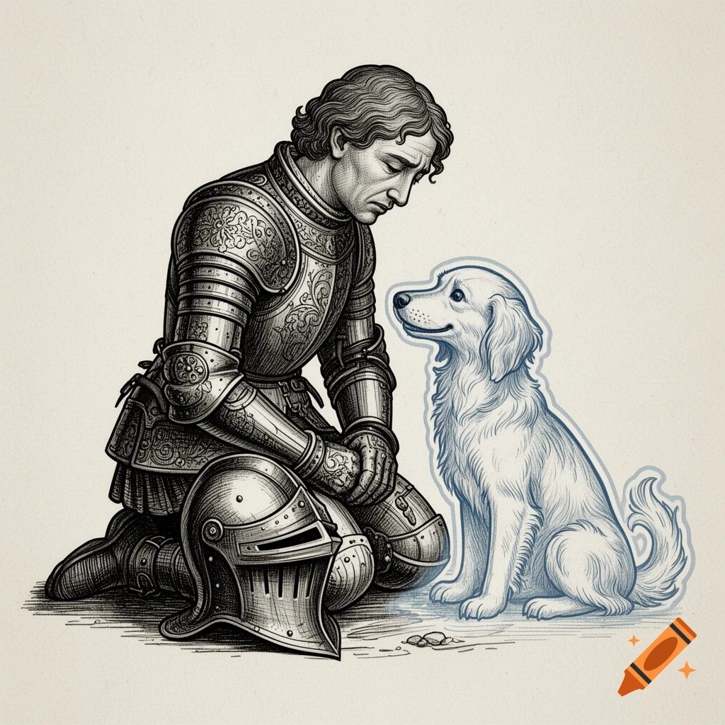 A knight in medieval armor kneels before a glowing, spectral dog in a black and white engraving style.