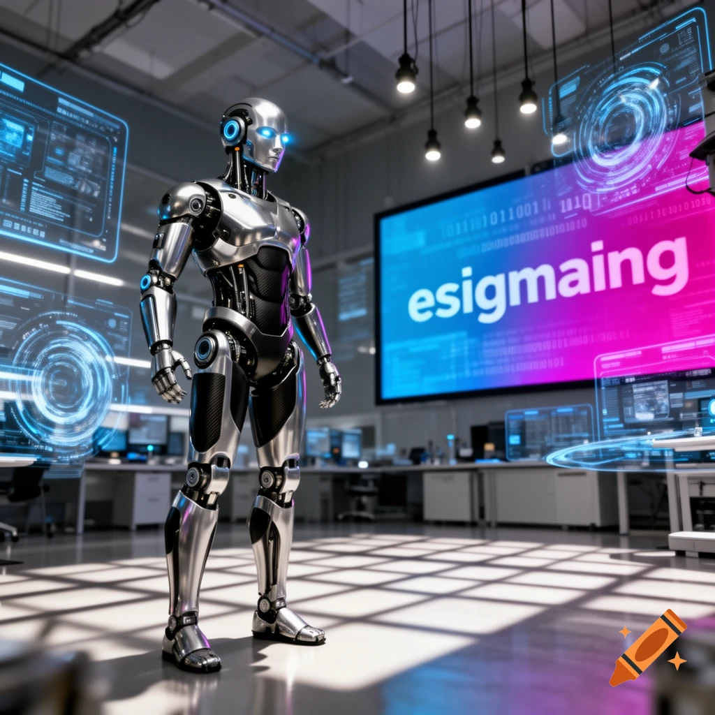A silver humanoid robot stands in a futuristic tech lab with blue holographic displays and a large screen showing the word "esigmaing".