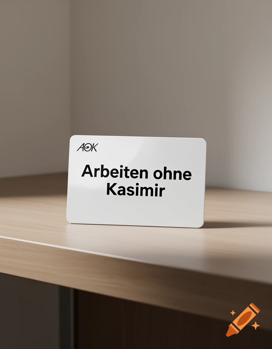 White card with 'AOK' logo and 'Arbeiten ohne Kasimir' on a light wooden desk.