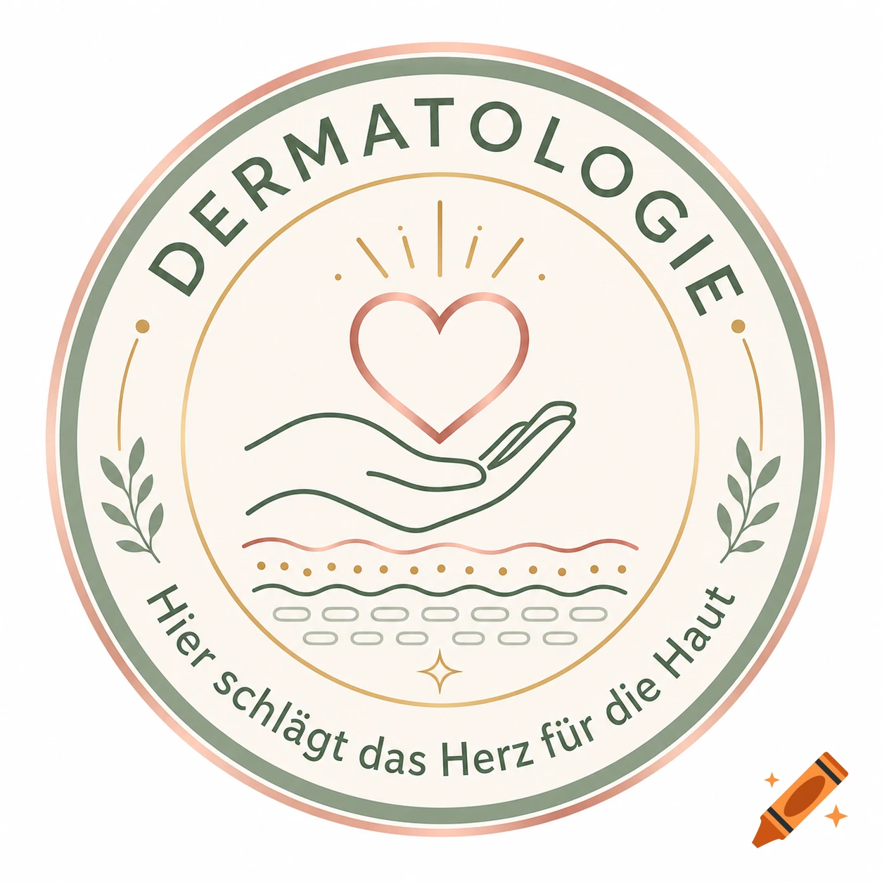 Round dermatology logo with a heart, caring hand, and stylized skin layers, featuring text in sage green, gold, and rose gold.