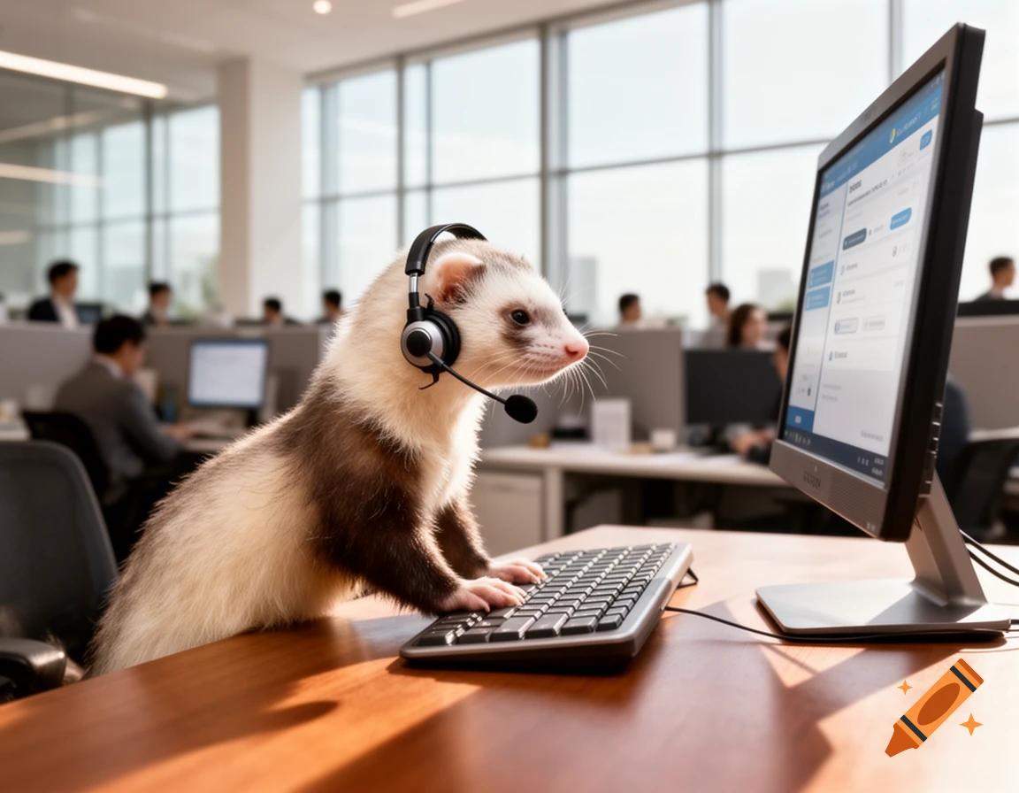 A photorealistic ferret wearing a headset sits at an office desk, looking at a computer monitor and typing on a keyboard.