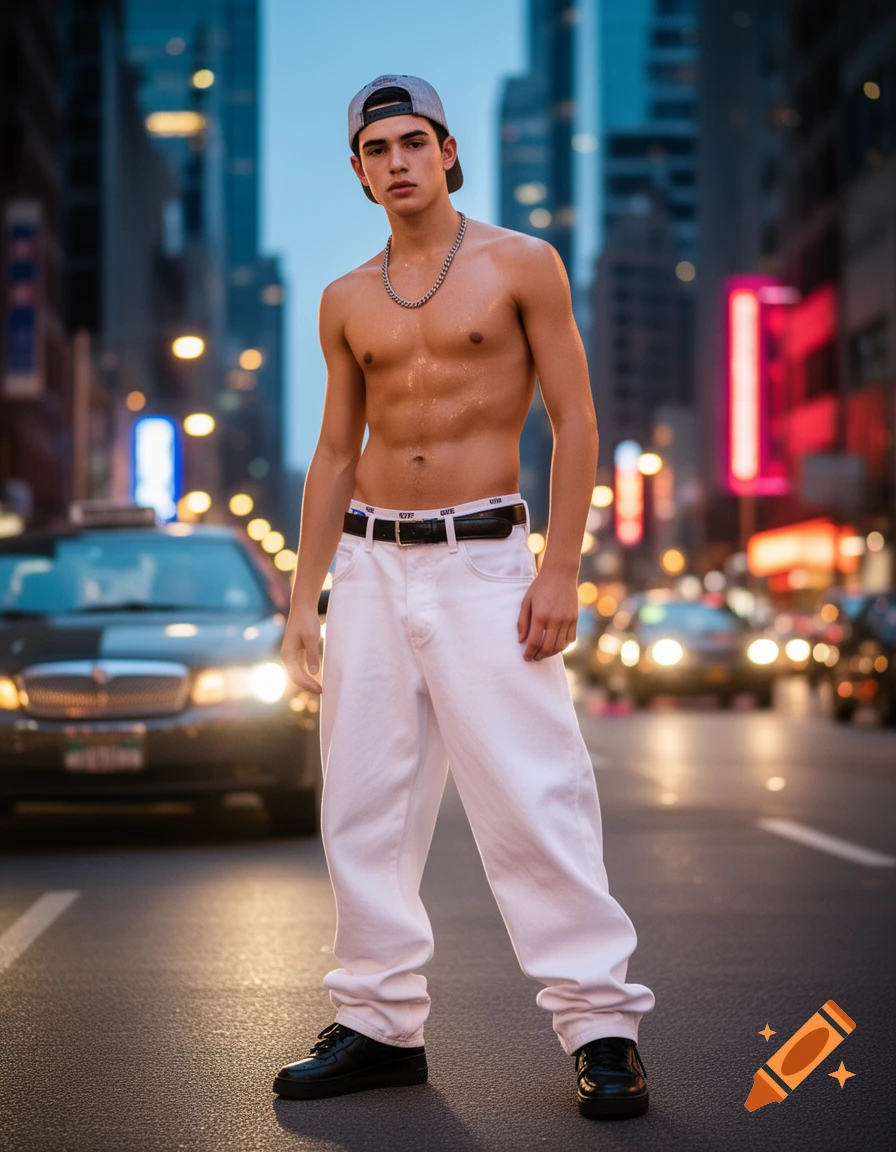 A young shirtless man in white baggy jeans, black sneakers, and a backwards baseball cap stands on a city street at dusk.