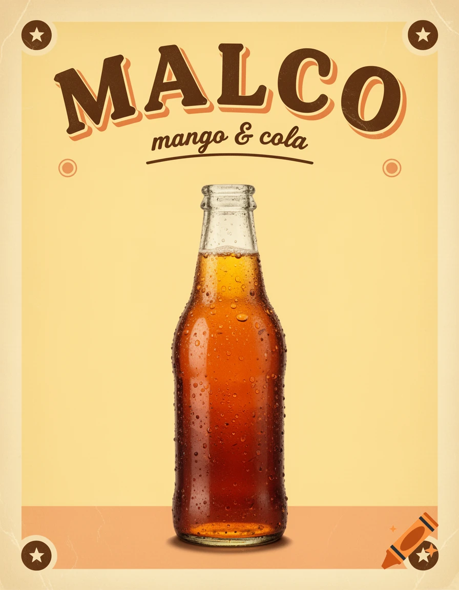 A retro-style advertisement poster for Malco mango & cola, featuring a condensation-covered bottle on a warm yellow background.