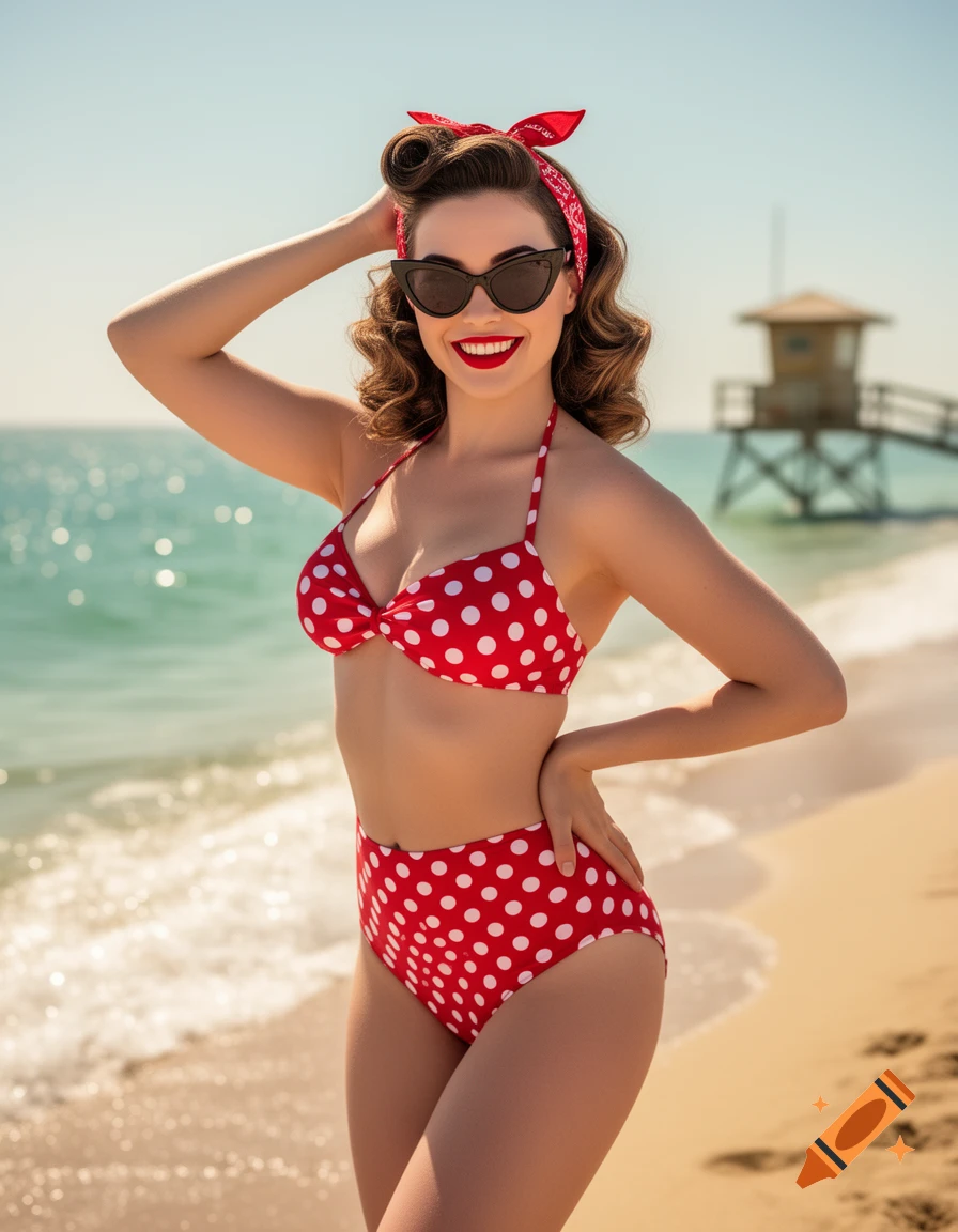 A smiling woman in a retro red polka dot bikini and red bandana poses on a sunny beach, with a lifeguard stand in the background.