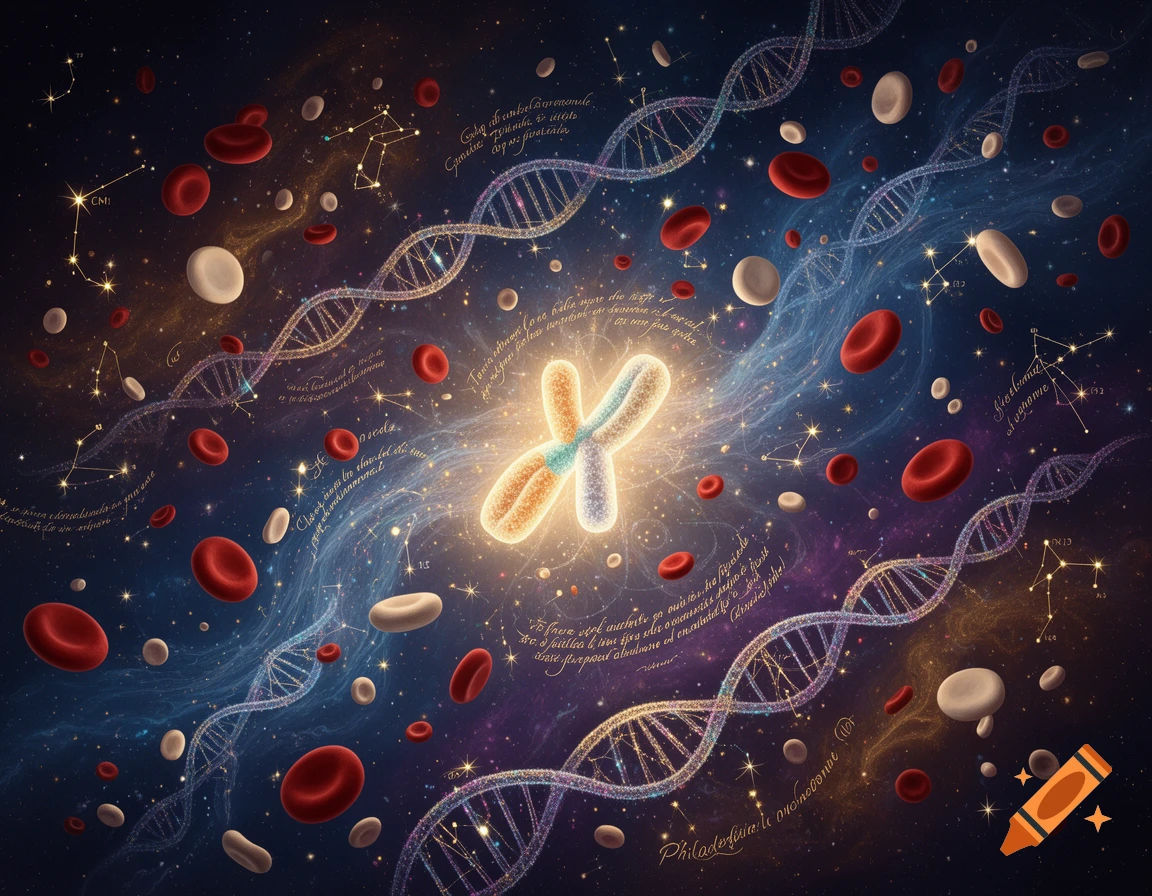 A cosmic illustration with a glowing X-shaped chromosome, DNA strands, blood cells, and constellations against a blue and violet nebula.