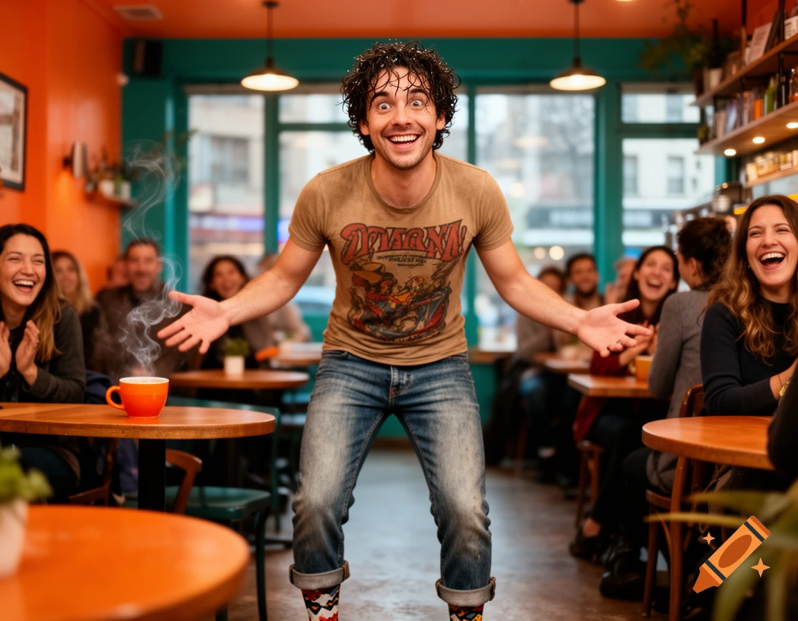 A curly-haired man with a big smile and outstretched arms stands in a bustling cafe, making people laugh.