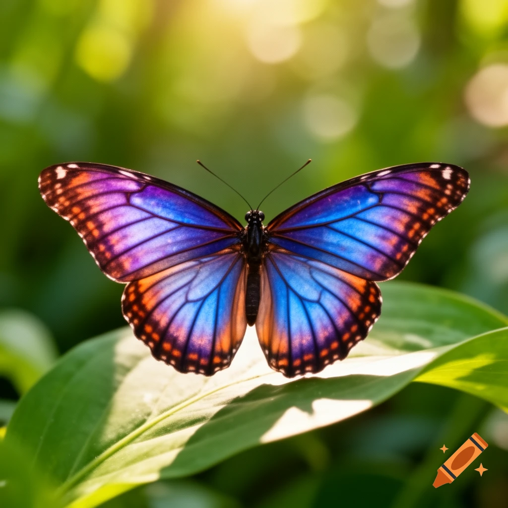 A vibrant blue and purple butterfly with orange and black markings rests on a green leaf, illuminated by sunlight.